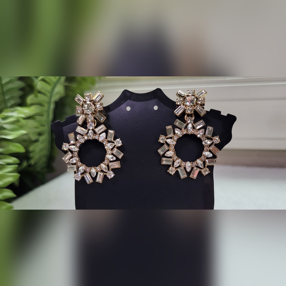 Rhinestone Circle Drop Statement Earrings / Pierced - Picture 2 of 7